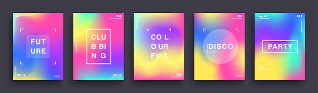 Ensemble D'affiches De Dégradé De Couleur Floue. Affiche De Soirée Lumineuse Clubbing D'été. Couvre La Conception Du Modèle. Fond De Maille Dégradé Abstrait. Formes Holographiques Tendance Hipster.