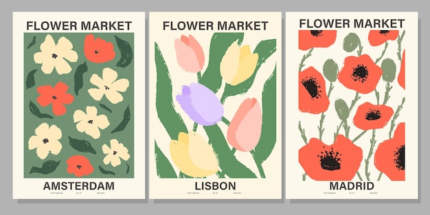 Ensemble d'affiches du marché aux fleurs. Illustration florale abstraite. Affiche vintage de la collection d'art mural botanique