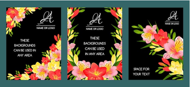 Ensemble D'affiches Avec Des Fleurs D'alstroemeria Et De Freesia En Vecteur