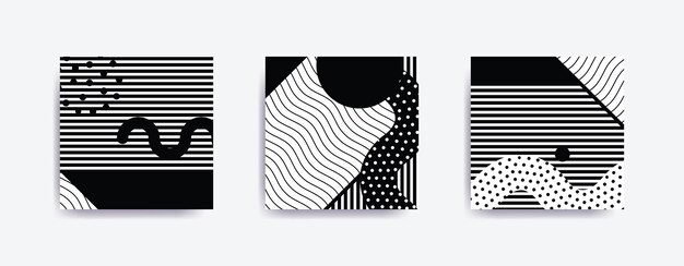Ensemble d'affiches géométriques à la mode en noir et blanc juxtaposés à des blocs de couleurs vives et audacieuses, des zigzags, des gribouillis et des images erratiques. Concevoir la composition des éléments de fond. Magazine, dépliant, panneau d'affichage