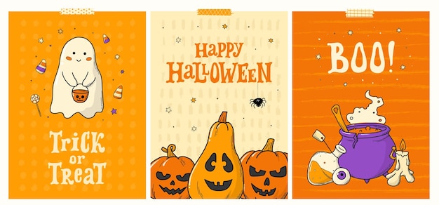 Ensemble D'affiches D'halloween Imprime Des Cartes Invitations Bannières Modèles Fonds D'écran Avec Des Griffonnages