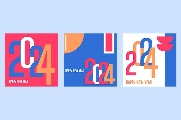 Vecteur ensemble d'affiches happy new year 2024 conception de typographie abstraite
