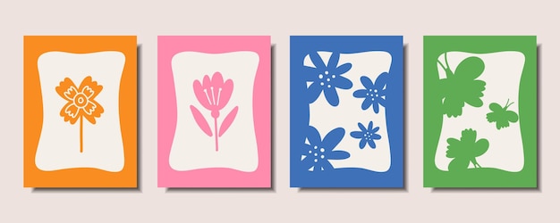 Vecteur ensemble d'affiches lumineuses de dessin animé avec des fleurs et des papillons