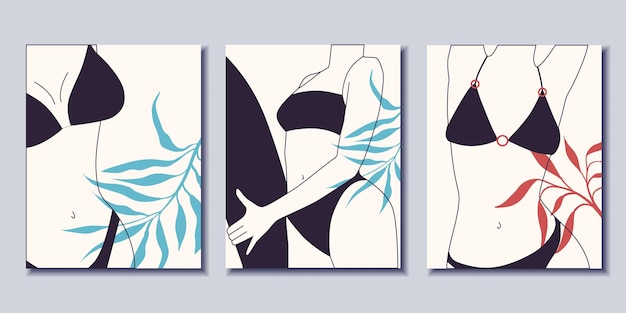 Vecteur ensemble d'affiches de mode. femmes en maillot de bain. minimalisme.