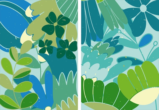 Ensemble d'affiches avec motif floral fleurs pour la conception de concept abstrait floral bleu-vert