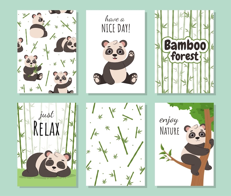 Vecteur ensemble d'affiches avec des pandas mignons animal exotique sur une branche d'arbre dans la forêt tropicale faune, flore et faune biologie et zoologie collection de vecteurs plats de dessins animés isolées sur fond vert
