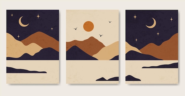 Ensemble d'affiches de paysage de texture de montagne jour et nuit