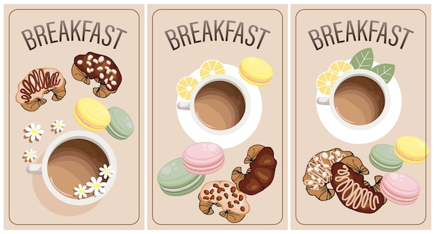 Vecteur ensemble d'affiches de petit-déjeuner tasses à café croissants et macarons français affiches de menu café et restaurant