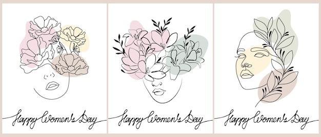 Ensemble D'affiches Pour La Journée Internationale De La Femme, Portraits De Femmes Avec Des Fleurs. Dessin Au Trait