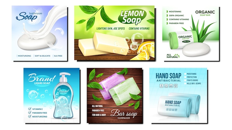 Vecteur ensemble d'affiches de promotion créative de savon biologique.