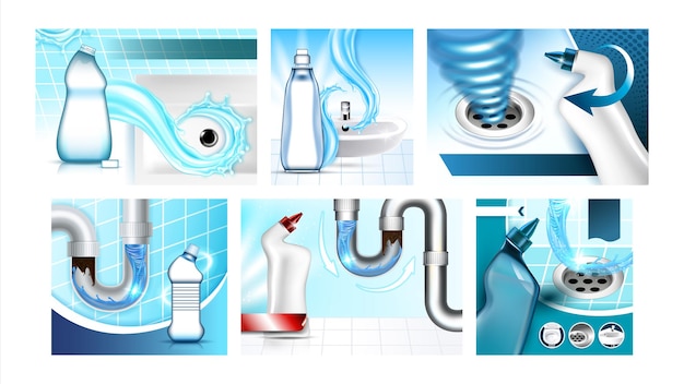 Ensemble D'affiches De Promotion De Nettoyeur De Drain Obstrué. Videz Les Bouteilles Vides De Liquide De Nettoyage, Le Trou D'évier Et Le Tuyau De Bouchage Sur La Collection De Bannières De Marketing De Publicité. Illustrations De Modèle De Concept De Couleur De Style