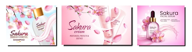 Vecteur ensemble d'affiches promotionnelles sakura natural cosmetics vector