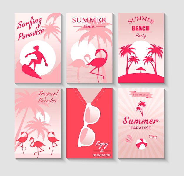 Vecteur ensemble d'affiches rétro monochromes d'été avec flamant rose, lunettes de soleil, surfeur, etc.