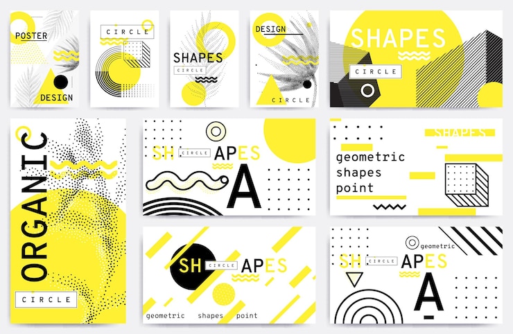 Vecteur ensemble d'affiches de tendance universelles juxtaposées à des feuilles géométriques lumineuses et audacieuses composition d'éléments jaune feuillage. arrière-plan dans un style sobre et tempéré. magazine, dépliant, panneau d'affichage, vente