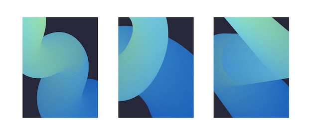 Vecteur ensemble d'affiches avec texture de grain formes bleues dégradées abstraites sur modèle de couverture de fond sombre