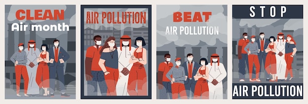 Ensemble d'affiches vectorielles avec des personnes protestant contre la pollution de l'air et de l'environnement