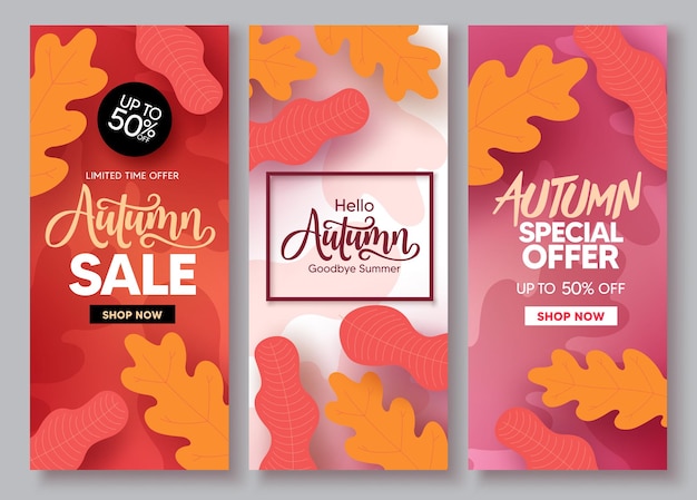 Ensemble D'affiches Vectorielles De Vente D'automne Collection De Réductions D'achats De Saison D'automne Avec Chêne Et Feuillage D'érable