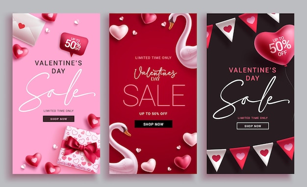 Ensemble D'affiches Vectorielles De Vente De La Saint-valentin. Collection De Remises Promotionnelles De La Saint-valentin Pour La Journée Des Coeurs.