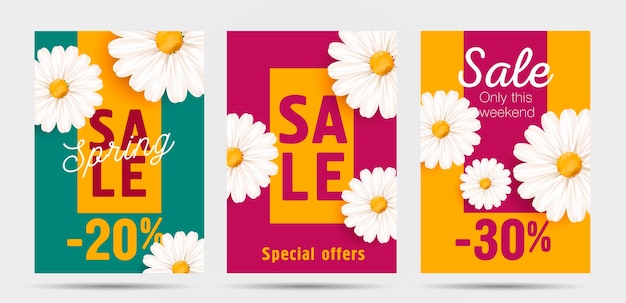 Ensemble D'affiches De Vente De Printemps Ou De Bannières Web Avec Illustration De Fleur De Camomille Blanche