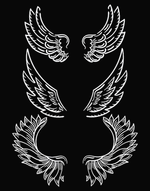 Vecteur ensemble d'ailes. collection d'ailes en noir et blanc pour clipart. ailes d'ange abstraites.