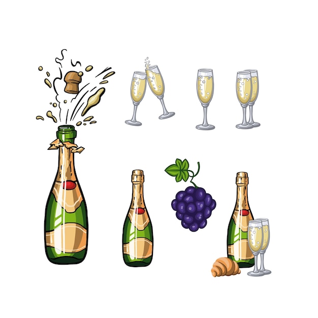 Ensemble d'alcool coloré avec des verres de champagne d'illustration de vin