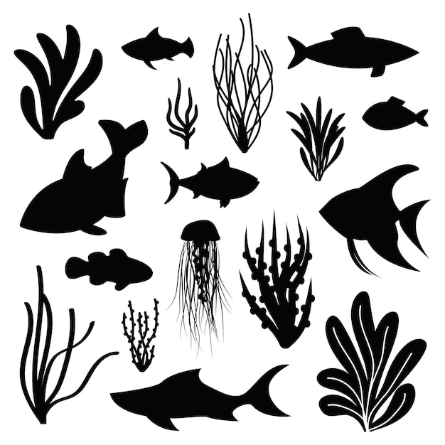 Ensemble D'algues Et De Poissons De Mer De Silhouettes Vectorielles Vie Marine Et Plantes Isolées Sur Fond Blanc