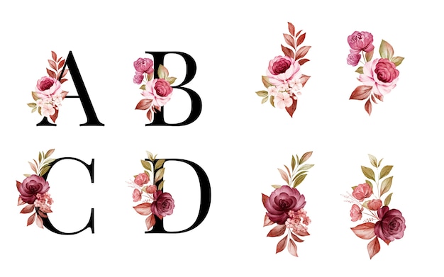 Ensemble d'alphabet floral aquarelle de A, B, C, D avec des fleurs et des feuilles rouges et brunes. Composition de fleurs