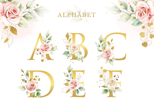 Ensemble d'alphabet floral aquarelle avec des feuilles d'or