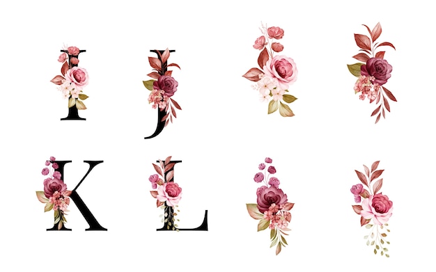 Vecteur ensemble d'alphabet floral aquarelle de i, j, k, l avec des fleurs et des feuilles rouges et brunes. composition de fleurs