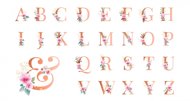 Ensemble alphabet floral doré A - Z plus & avec fleurs roses, feuilles et paillettes dorées.