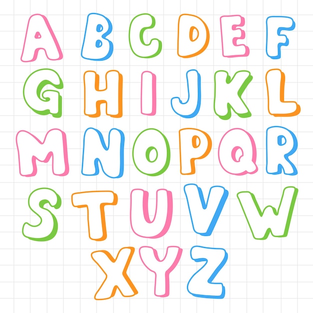 Ensemble d'alphabets anglais de différence drôle de bande dessinée avec des lettres majuscules pour l'éducation des enfants