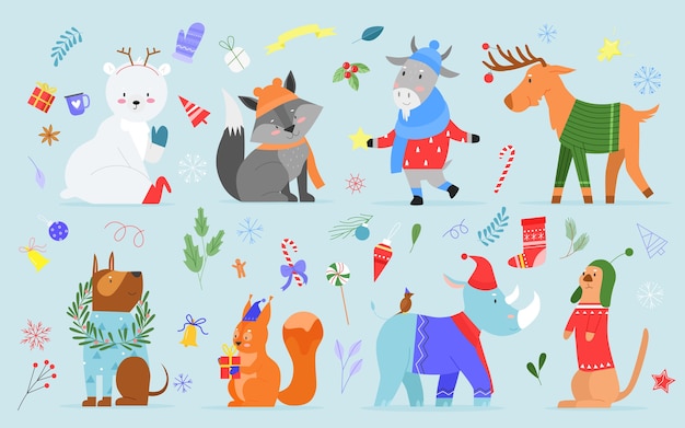 Ensemble D'amis Animaux D'hiver De Noël