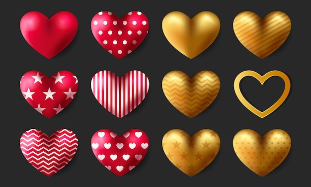 Ensemble d'amour vectoriel réaliste ou illustration en forme de coeur en couleur or et rouge