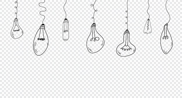 Ensemble D'ampoules Suspendues Avec Style Dessiné à La Main Doodles Ensemble D'ampoules Doodle Lampe De Style Croquis Dessinés à La Main Ampoule Avec Courbe De Ligne Illustration Vectorielle