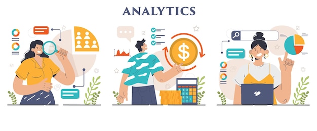 Vecteur ensemble d'analyse commerciale examen des données et développement de stratégies optimisation des opérations financières études de marché et traitement des statistiques illustration vectorielle plane