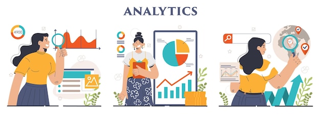 Ensemble D'analyse Commerciale Examen Des Données Et Développement De Stratégies Optimisation Des Opérations Financières études De Marché Et Traitement Des Statistiques Illustration Vectorielle Plane