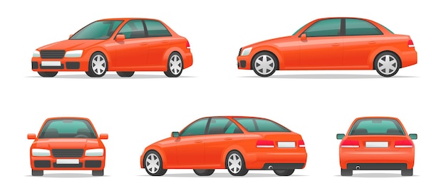 Ensemble D'angles Différents D'une Voiture Rouge. Berline Sport Urbaine Vue De Côté, Avant, Arrière Et De Profil. Véhicule Pour Votre Projet. Illustration Vectorielle En Style Cartoon