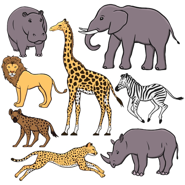 Ensemble D'animaux D'afrique: Hippopotame, éléphant, Lion, Girafe, Zèbre, Hyène, Guépard, Rhino