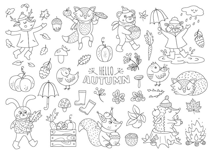 Vecteur ensemble d'animaux d'automne vectoriels noir et blanc collection de contours mignons de la forêt pack d'icônes de la saison d'automne illustration de ligne de forêt drôle ou page de coloriage avec hérisson renard oiseau cerf lapin bearxa