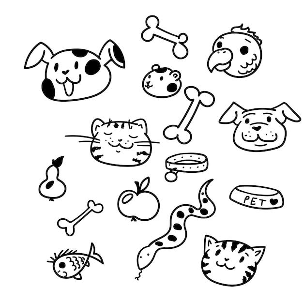 Ensemble D'animaux De Compagnie Doodle Dessinés à La Main Collection De Symboles Vétérinaires Cartoon Chien Chat Oiseau Hamster Serpent
