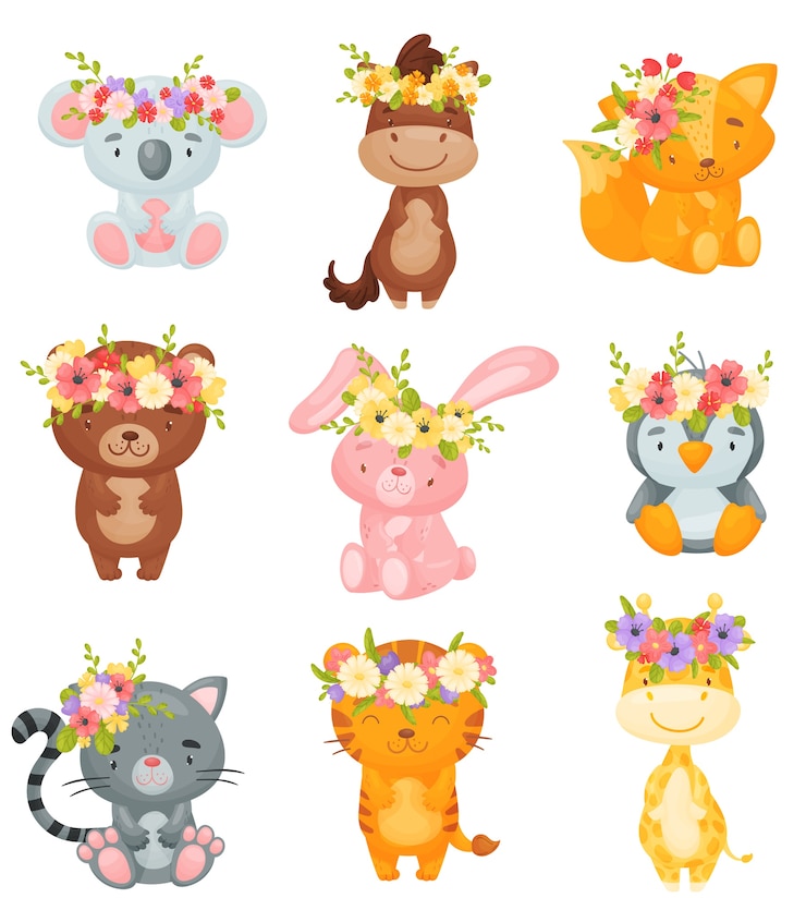 Vecteur ensemble d'animaux de dessin animé avec des couronnes de fleurs sur la tête