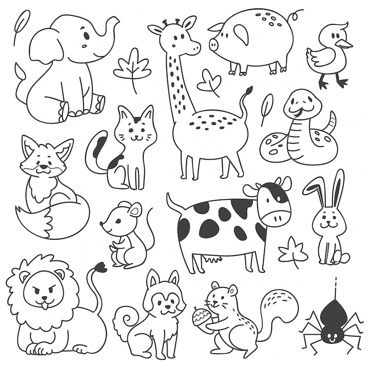 Ensemble d'animaux doodle isolé sur blanc