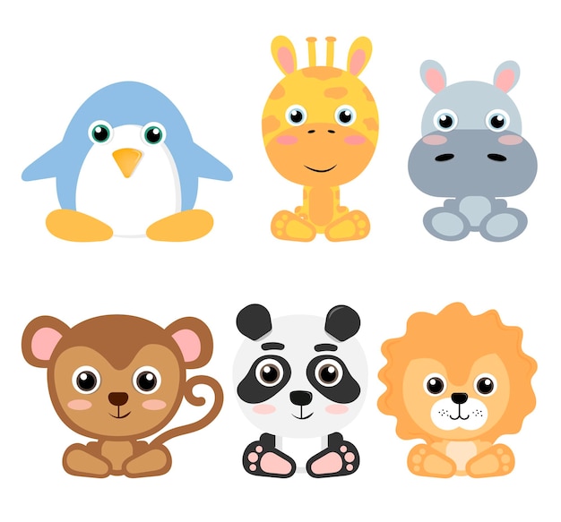 Ensemble D'animaux Exotiques Mignons : Pingouin, Hippopotame, Girafe, Singe, Lion, Panda.