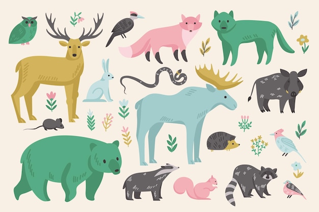 Ensemble d'animaux de la forêt sauvage