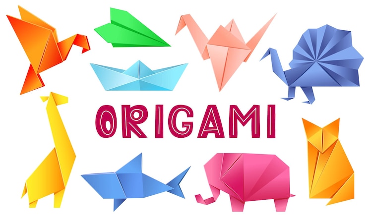 Vecteur ensemble d'animaux en origami oiseau avion grue paon girafe bateau requin renard éléphant
