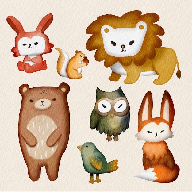 Vecteur ensemble d'animaux peints à l'aquarelle, clipart animal. dessiné à la main isolé sur fond blanc