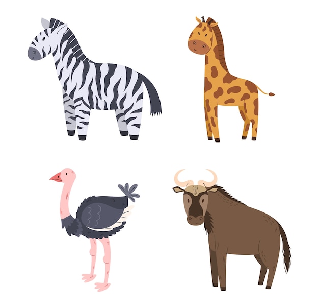 Ensemble d'animaux de safari africain autruche girafe buffalo et zèbre savane mammifère isolé sur fond blanc