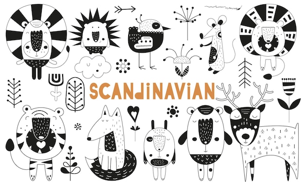 Ensemble D'animaux Scandinaves Monochromes Dessinés à La Main