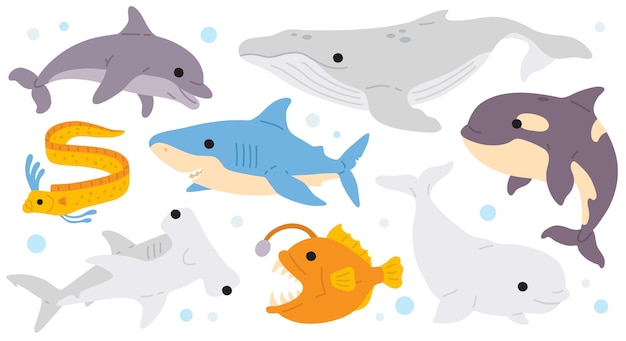 ensemble d'animaux sous-marins mignons doodle