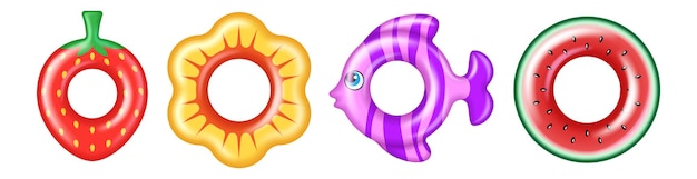 Vecteur ensemble d'anneaux de bain colorés, cercles de bouées de sauvetage en caoutchouc gonflables pour les vacances aquatiques des enfants : fraise, poisson, pastèque isolé sur fond blanc. illustration vectorielle 3d